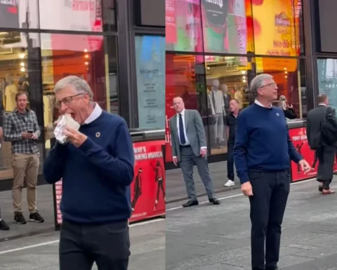 The American businessman and Former CEO of Microsoft was spotted eating a hot dog in Times Square.